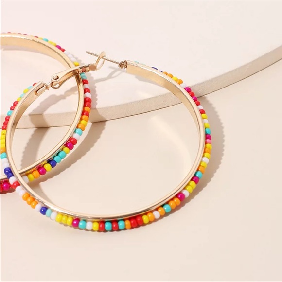“Amara” Beaded Multicolor Ethnic Party Fiesta Festival Summer Cute Hoop Earrings - Picture 3 of 6